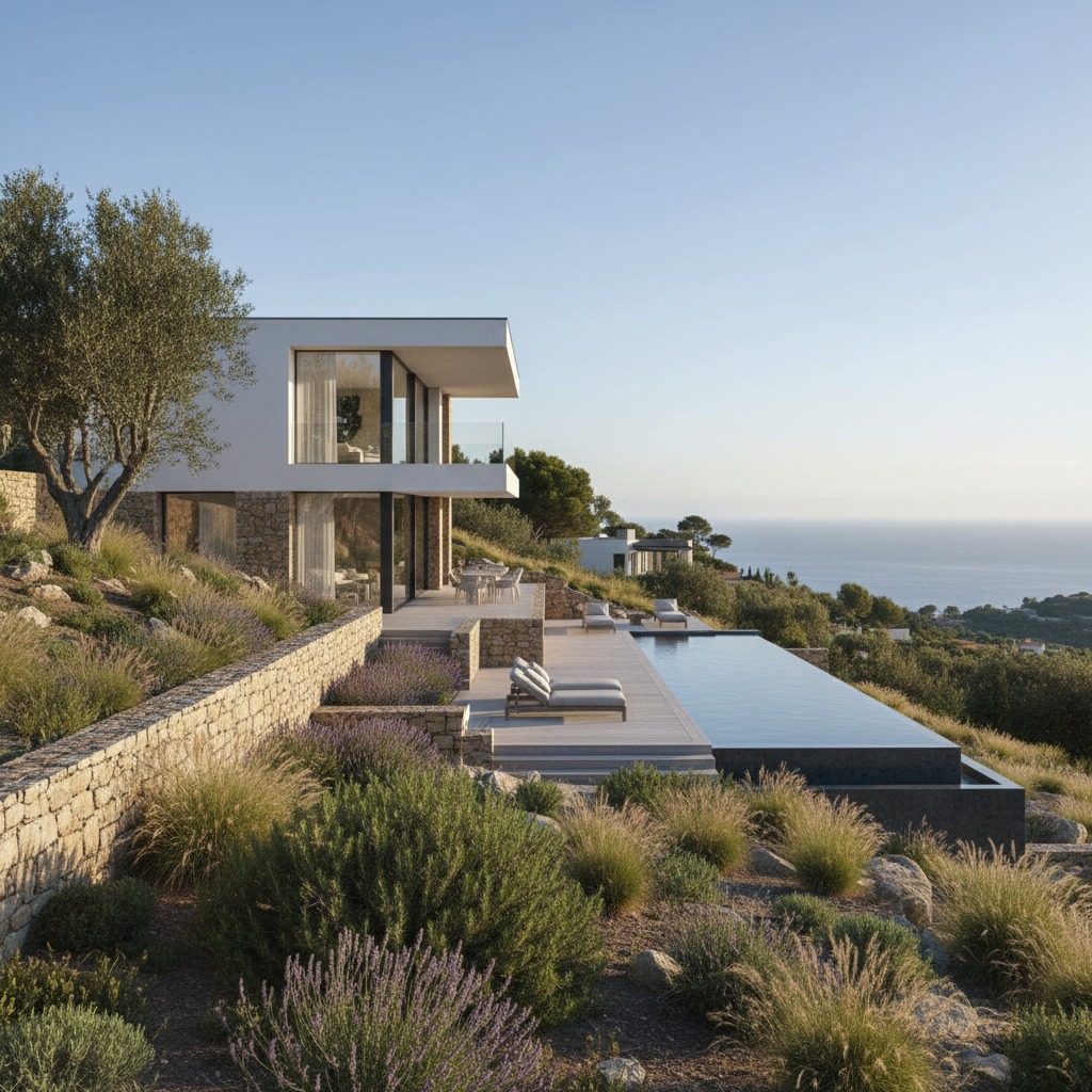 Una moderna villa de lujo con piscina infinita y vistas al mar en un paisaje mediterráneo.